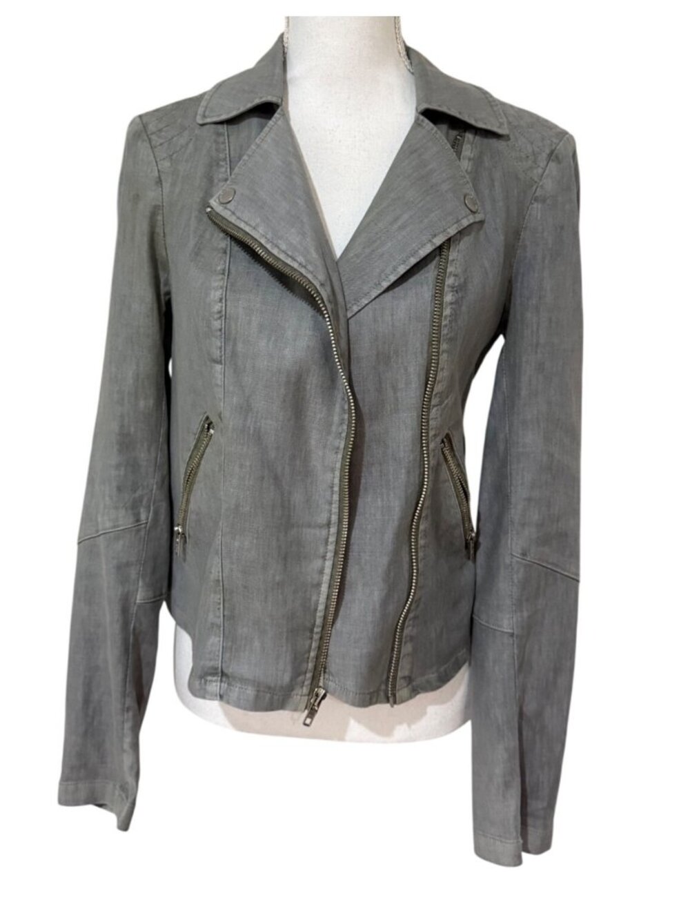 Anthropologie Level 99 Size Small Grey Moto Jacket Linen Tencel Blend Stretch